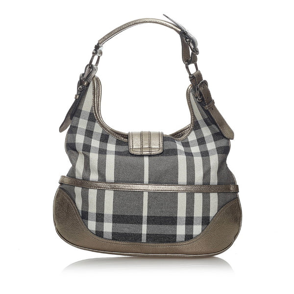 バーバリー チェック ワンショルダー ブラック メタリックブラウン キャンバス レザー レディース BURBERRY 【中古】