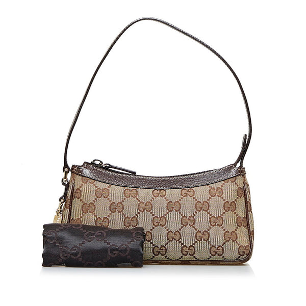 グッチ GGキャンバス ポーチ アクセサリーポーチ 154432 ベージュ ブラウン キャンバス レザー レディース GUCCI 【中古】