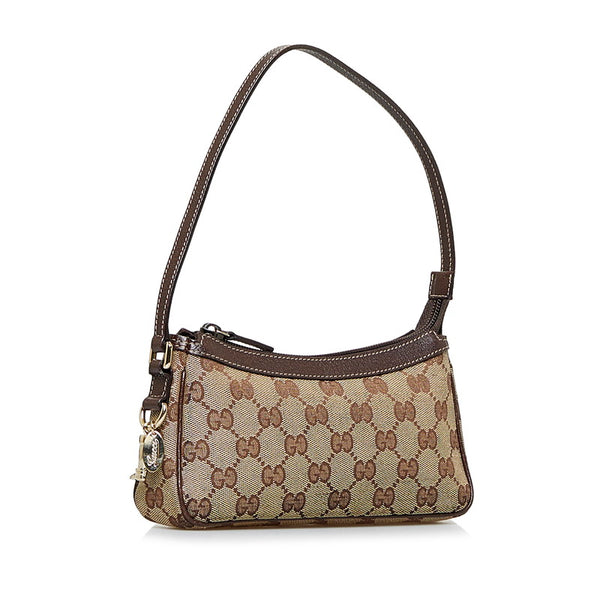 グッチ GGキャンバス ポーチ アクセサリーポーチ 154432 ベージュ ブラウン キャンバス レザー レディース GUCCI 【中古】