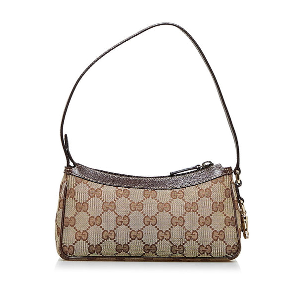 グッチ GGキャンバス ポーチ アクセサリーポーチ 154432 ベージュ ブラウン キャンバス レザー レディース GUCCI 【中古】