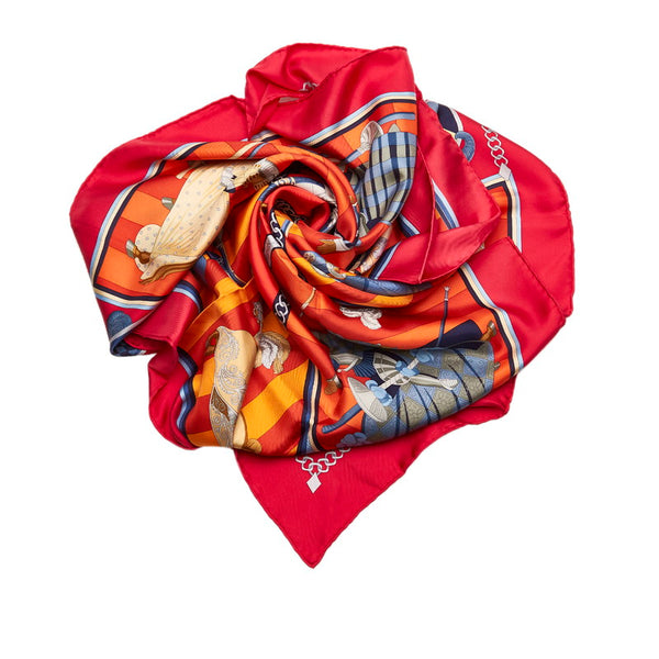 エルメス カレ90 CHOCS EN PLUMES 羽飾リノ激突 スカーフ レッド シルク レディース HERMES 【中古】