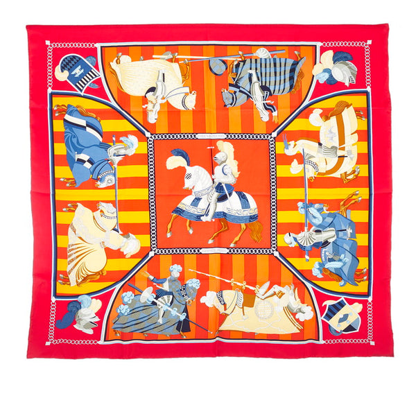 エルメス カレ90 CHOCS EN PLUMES 羽飾リノ激突 スカーフ レッド シルク レディース HERMES 【中古】