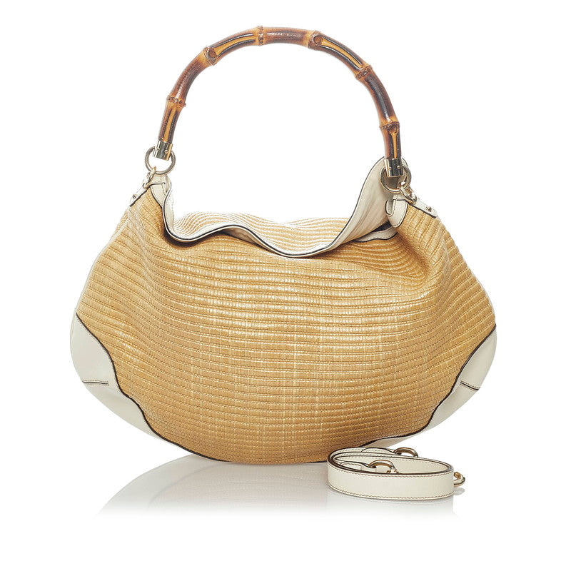 グッチ バンブー ハンドバッグ ショルダーバッグ 2WAY 169976 ベージュ アイボリー ラフィア レザー レディース GUCCI 【中古】