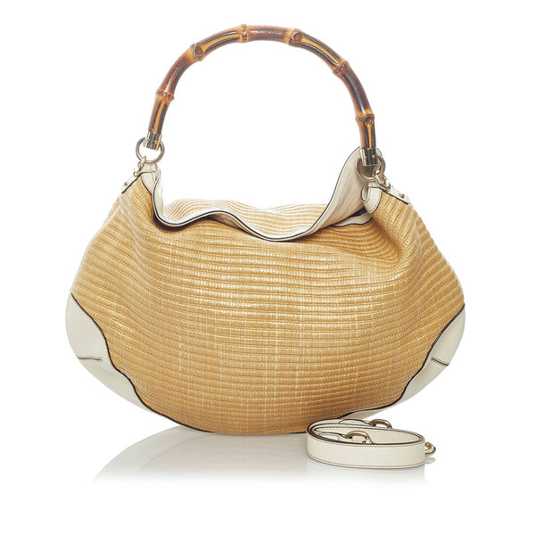 グッチ バンブー ハンドバッグ ショルダーバッグ 2WAY 169976 ベージュ アイボリー ラフィア レザー レディース GUCCI 【中古】