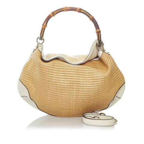 グッチ バンブー ハンドバッグ ショルダーバッグ 2WAY 169976 ベージュ アイボリー ラフィア レザー レディース GUCCI 【中古】