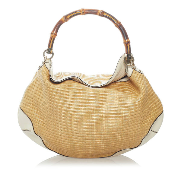グッチ バンブー ハンドバッグ ショルダーバッグ 2WAY 169976 ベージュ アイボリー ラフィア レザー レディース GUCCI 【中古】