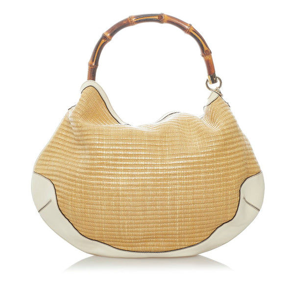 グッチ バンブー ハンドバッグ ショルダーバッグ 2WAY 169976 ベージュ アイボリー ラフィア レザー レディース GUCCI 【中古】