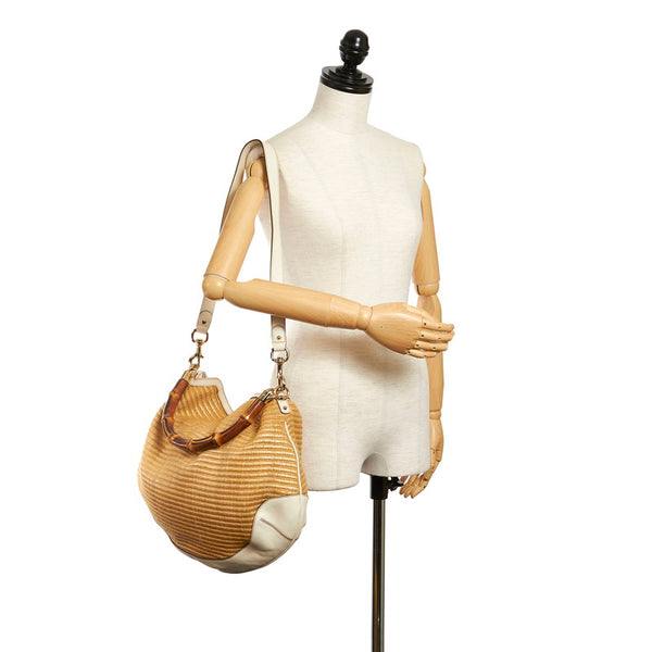 グッチ バンブー ハンドバッグ ショルダーバッグ 2WAY 169976 ベージュ アイボリー ラフィア レザー レディース GUCCI 【中古】