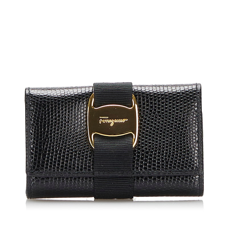 サルヴァトーレフェラガモ ヴァラリボン 6連 キーケース ブラック レザー レディース Salvatore Ferragamo 【中古】