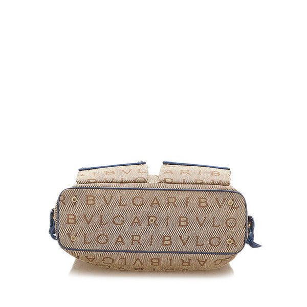 ブルガリ ベージュ ブルー キャンバス レザー ハンドバッグ レディース BVLGARI 中古