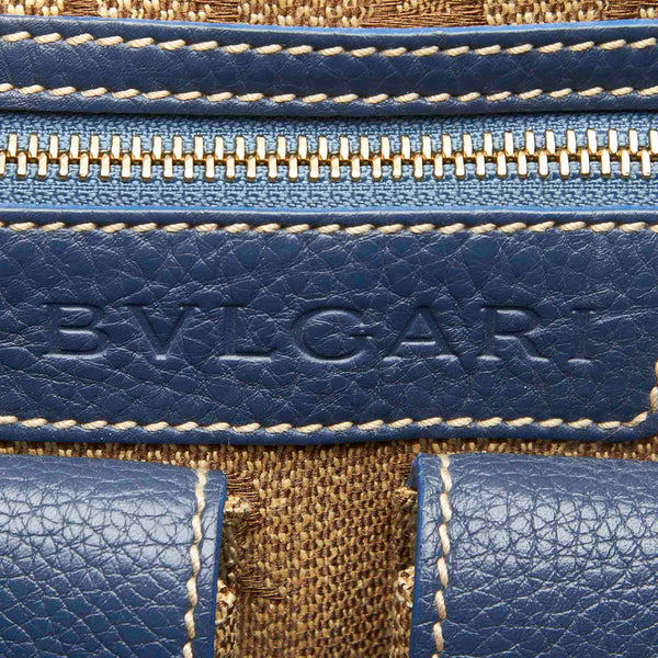 ブルガリ ベージュ ブルー キャンバス レザー ハンドバッグ レディース BVLGARI 中古