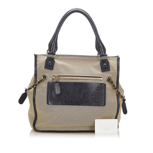 クロエ ベージュ ブラック キャンバス レザー ハンドバッグ レディース Chloe 中古
