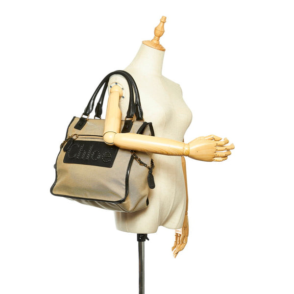 クロエ ベージュ ブラック キャンバス レザー ハンドバッグ レディース Chloe 中古