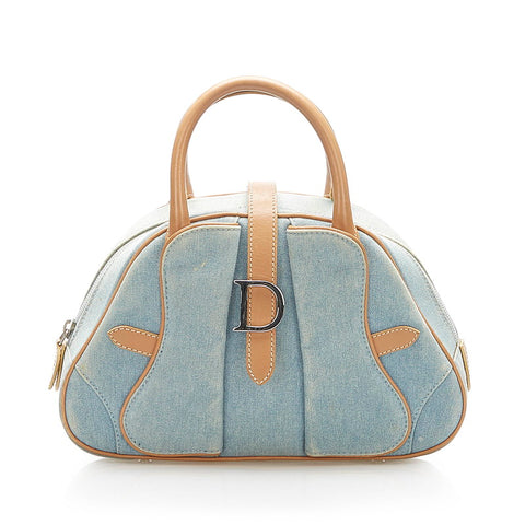 クリスチャンディオール ブルー ベージュ デニム レザー ハンドバッグ レディース Christian Dior 中古