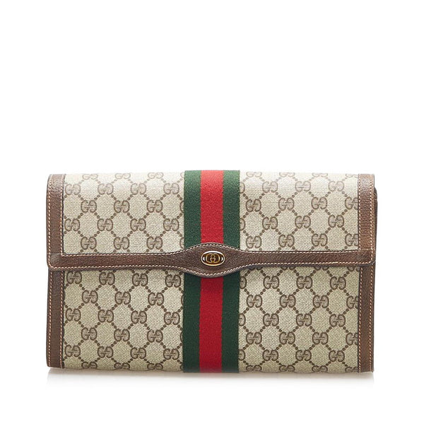 グッチ GGスプリーム シェリーライン 014・3087 ブラウン PVC レザー クラッチバッグ レディース GUCCI 中古
