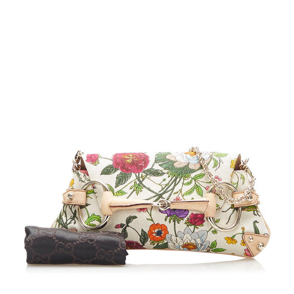 グッチ フローラ ホースビット 131470 アイボリー キャンバス レザー チェーン ハンドバッグ レディース GUCCI 中古