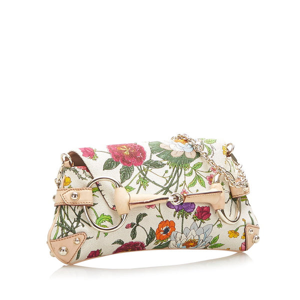 グッチ フローラ ホースビット 131470 アイボリー キャンバス レザー チェーン ハンドバッグ レディース GUCCI 中古