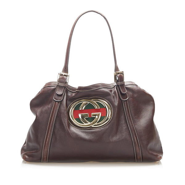 グッチ シェリーライン 162094  ブラウン レザー トートバッグ レディース GUCCI 中古