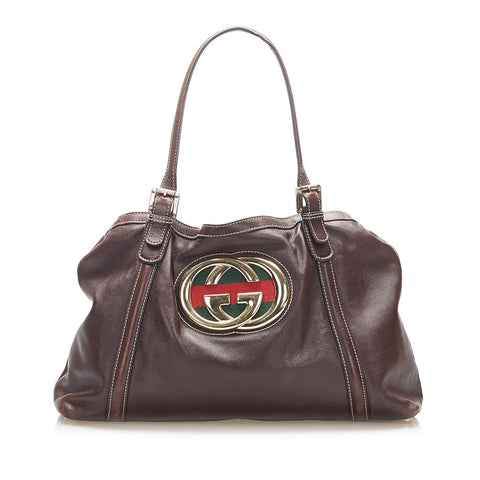 グッチ シェリーライン 162094  ブラウン レザー トートバッグ レディース GUCCI 中古