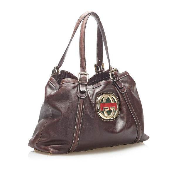 グッチ シェリーライン 162094  ブラウン レザー トートバッグ レディース GUCCI 中古