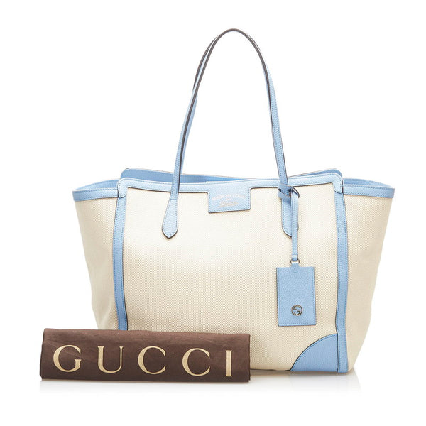 グッチ 354397 アイボリー 水色 キャンバス レザー トートバッグ レディース GUCCI 中古