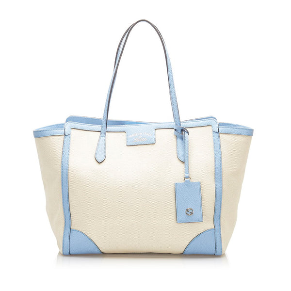 グッチ 354397 アイボリー 水色 キャンバス レザー トートバッグ レディース GUCCI 中古