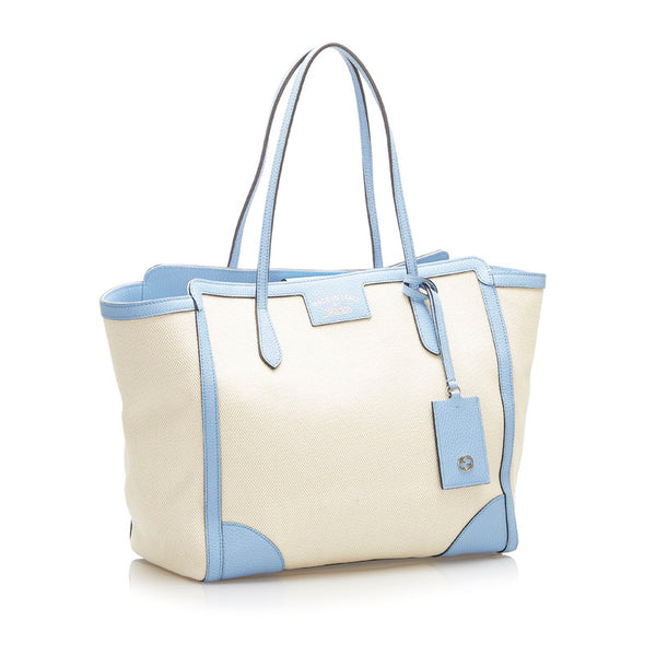 グッチ 354397 アイボリー 水色 キャンバス レザー トートバッグ レディース GUCCI 中古