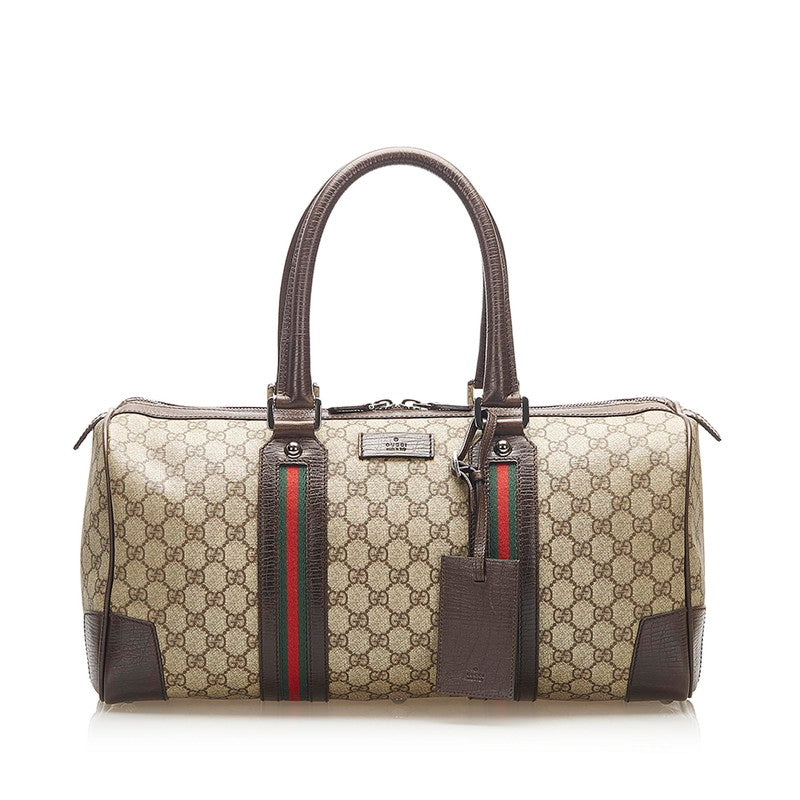 グッチ GGスプリーム シェリーライン 131176 ブラウン PVC レザー ボストンバッグ ユニセックス GUCCI 中古