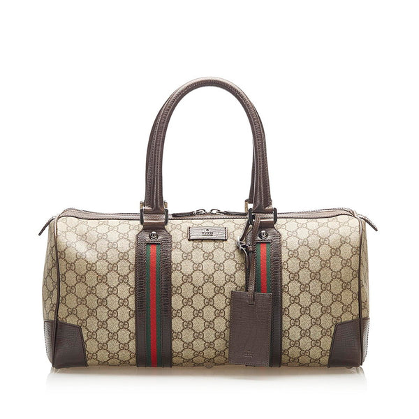 グッチ GGスプリーム シェリーライン 131176 ブラウン PVC レザー ボストンバッグ ユニセックス GUCCI 中古