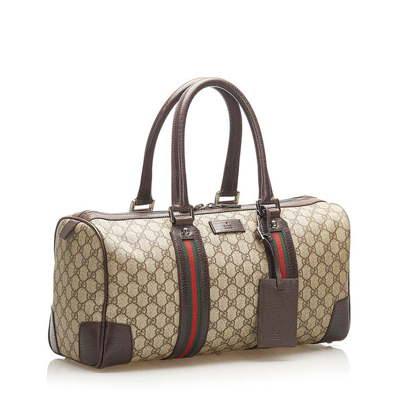 グッチ GGスプリーム シェリーライン 131176 ブラウン PVC レザー ボストンバッグ ユニセックス GUCCI 中古