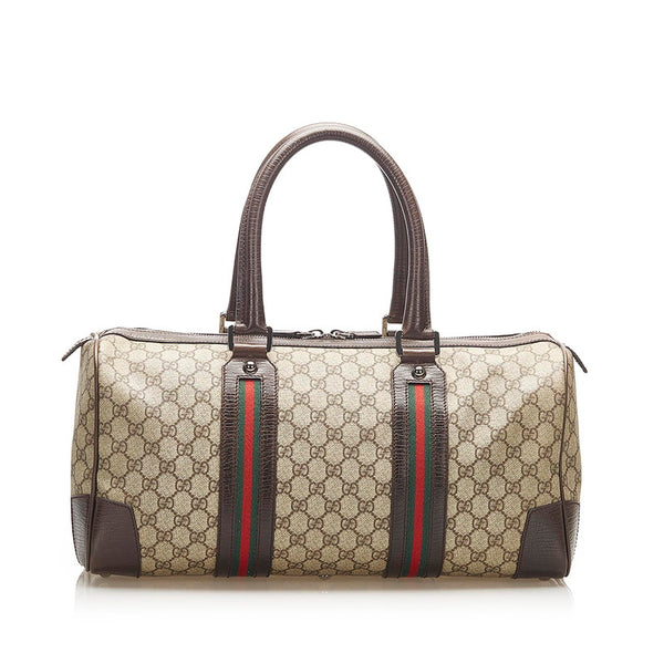 グッチ GGスプリーム シェリーライン 131176 ブラウン PVC レザー ボストンバッグ ユニセックス GUCCI 中古