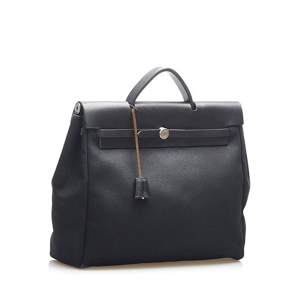 エルメス エールバッグMM ブラック キャンバス レザー ショルダーバッグ トートバッグ レディース HERMES ☐D刻印 中古
