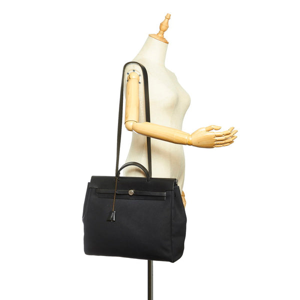 エルメス エールバッグMM ブラック キャンバス レザー ショルダーバッグ トートバッグ レディース HERMES ☐D刻印 中古