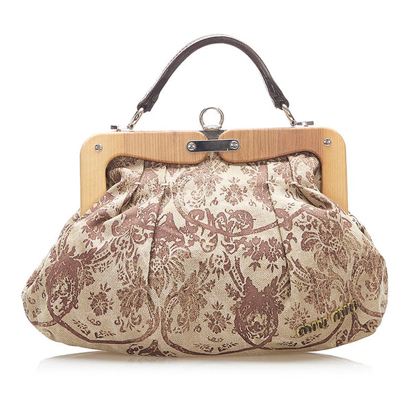 ミュウミュウ ブラウン キャンバス レザー ハンドバッグ レディース MIUMIU 中古
