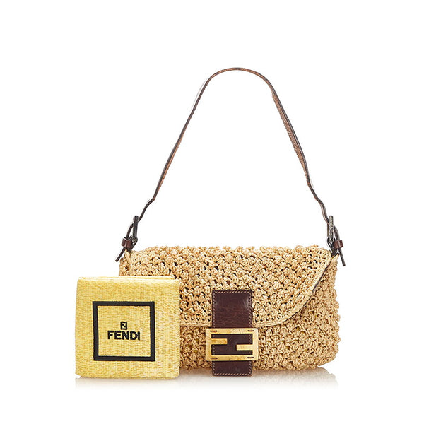 フェンディ マンマバケット イエロー ブラウン ストロー レザー ショルダーバッグ レディース FENDI 中古