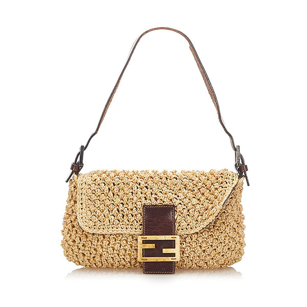 フェンディ マンマバケット イエロー ブラウン ストロー レザー ショルダーバッグ レディース FENDI 中古