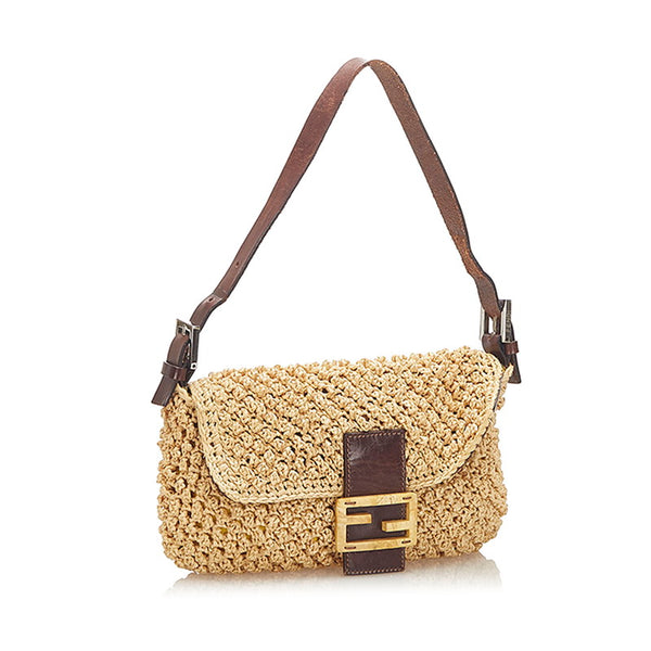 フェンディ マンマバケット イエロー ブラウン ストロー レザー ショルダーバッグ レディース FENDI 中古