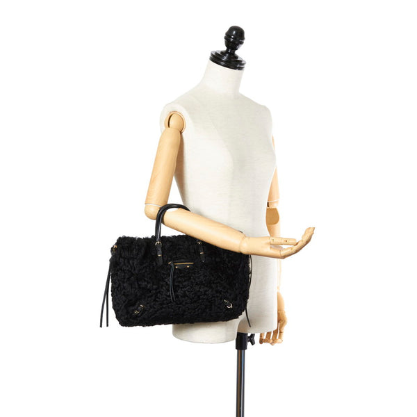 バレンシアガ ペーパー 370926 ブラック ムートン レザー ハンドバッグ レディース BALENCIAGA 【中古】