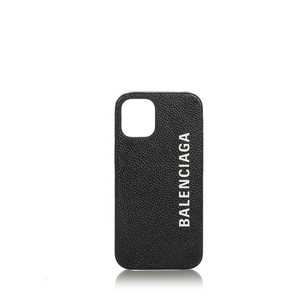 バレンシアガ ロゴ ブラック プラスチック レザー iphone12 mini ケース レディース BALENCIAGA 【中古】