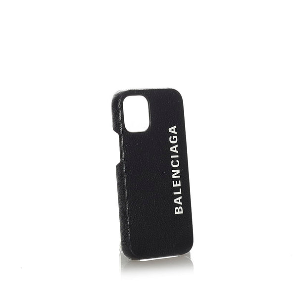 バレンシアガ ロゴ ブラック プラスチック レザー iphone12 mini ケース レディース BALENCIAGA 【中古】