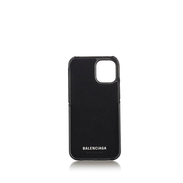 バレンシアガ ロゴ ブラック プラスチック レザー iphone12 mini ケース レディース BALENCIAGA 【中古】
