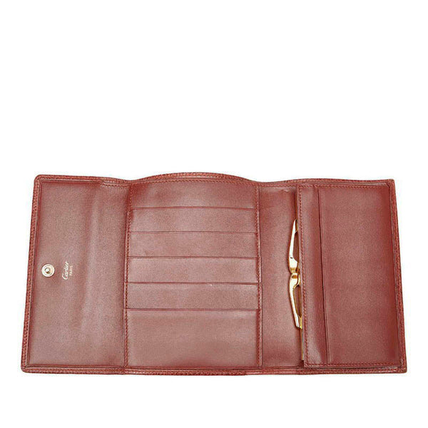 カルティエ がま口 ボルドー レザー 三つ折り財布 レディース CARTIER 【中古】