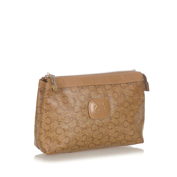 セリーヌ Cマカダム ベージュ ブラウン PVC レザー ポーチ レディース CELINE 【中古】