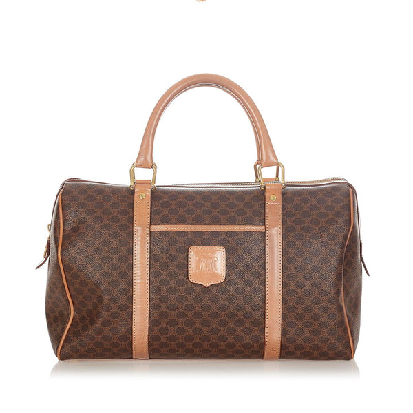 セリーヌ マカダム ブラウン ベージュ PVC レザー ハンドバック ミニボストン レディース CELINE 【中古】