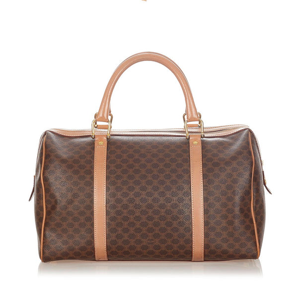 セリーヌ マカダム ブラウン ベージュ PVC レザー ハンドバック ミニボストン レディース CELINE 【中古】