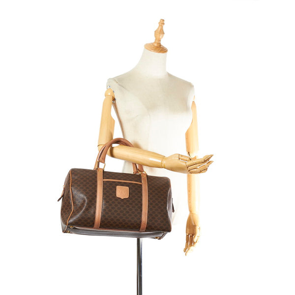 セリーヌ マカダム ブラウン ベージュ PVC レザー ハンドバック ミニボストン レディース CELINE 【中古】