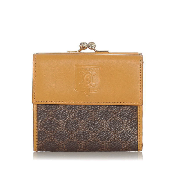 セリーヌ マカダム ブラウン ベージュ PVC レザー 二つ折り財布 レディース CELINE 【中古】