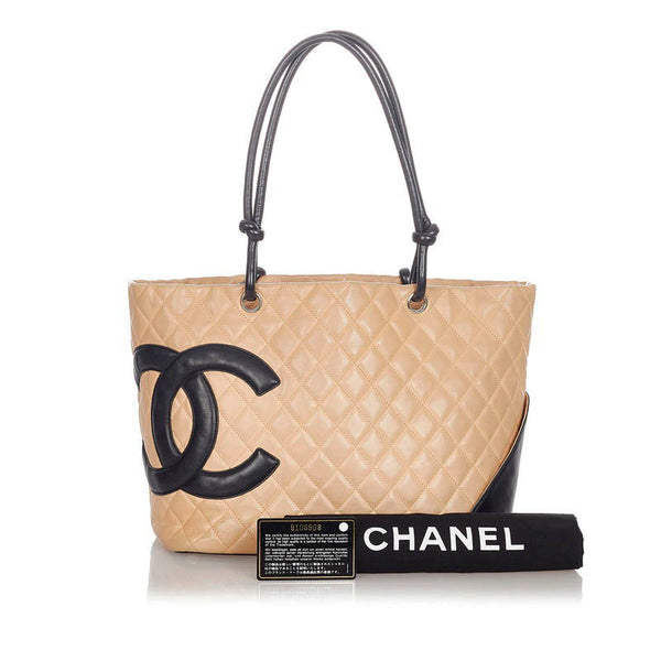 シャネル カンボン ベージュ ブラック レザー トートバッグ レディース CHANEL 【中古】