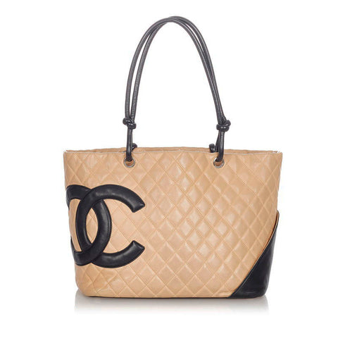 シャネル カンボン ベージュ ブラック レザー トートバッグ レディース CHANEL 【中古】