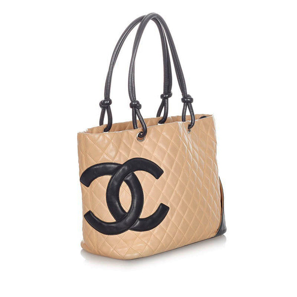 シャネル カンボン ベージュ ブラック レザー トートバッグ レディース CHANEL 【中古】